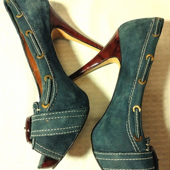 Zara Woman Blue Suede Open Toe Heels - Picture 1 of 8
